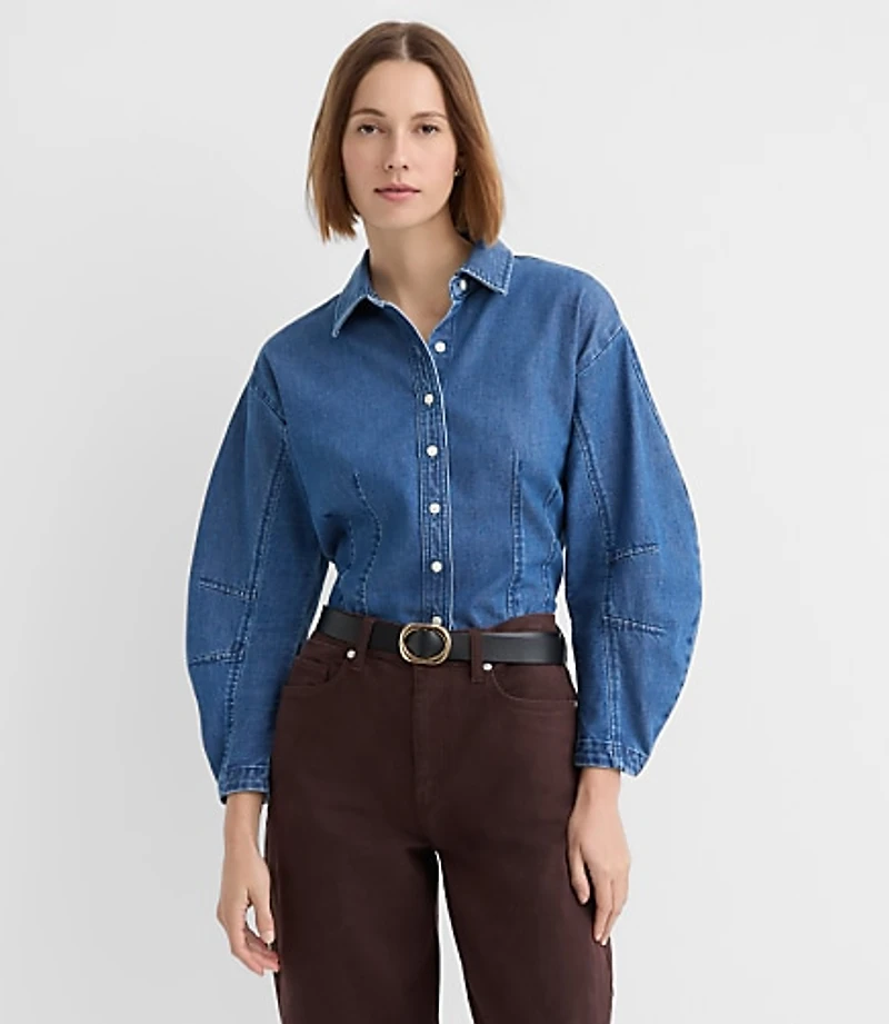 Barrel Sleeve Denim Shirt Classic Mid Wash