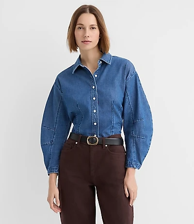 Barrel Sleeve Denim Shirt Classic Mid Wash