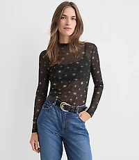 Petite Shimmer Celestial Mesh Ruffle Neck Top
