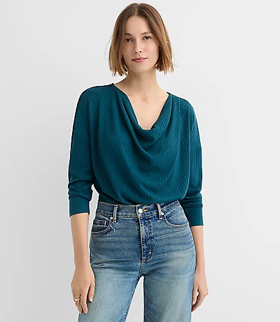 Petite Cozy Ribbed Cowl Neck Top
