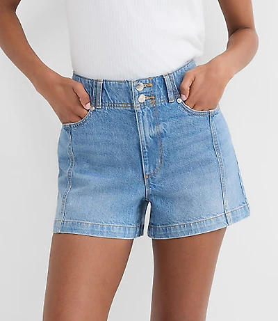 Rivete Petite Curvy Double Shank High Rise Denim Shorts Mid Wash