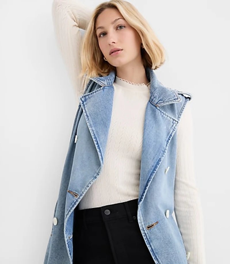 Petite Denim Sleeveless Trench Coat Light Wash