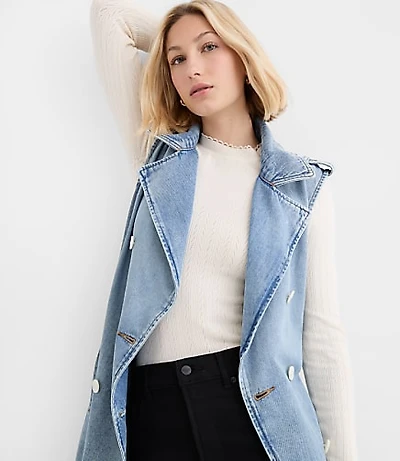Petite Denim Sleeveless Trench Coat Light Wash