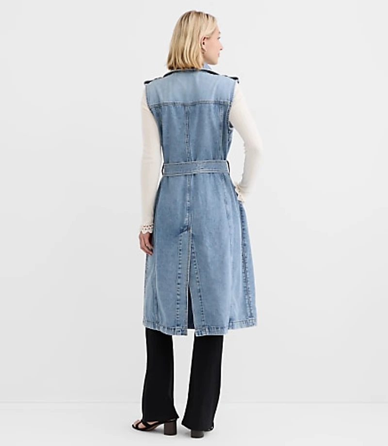 Petite Denim Sleeveless Trench Coat Light Wash