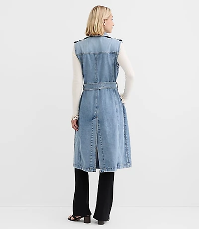 Petite Denim Sleeveless Trench Coat Light Wash