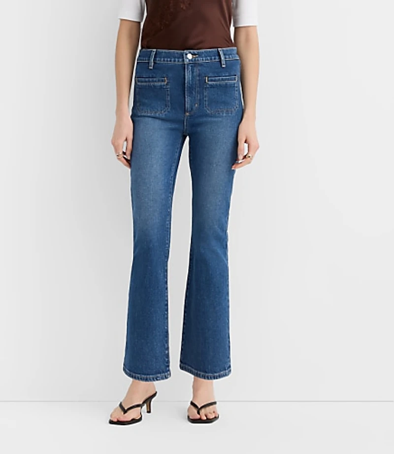 Rivete Petite Curvy Welt Pocket High Rise Kick Crop Jeans Mid Wash