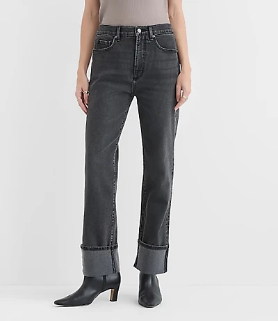 Rivete Petite Curvy Cuffed High Rise Straight Jeans Noir Wash