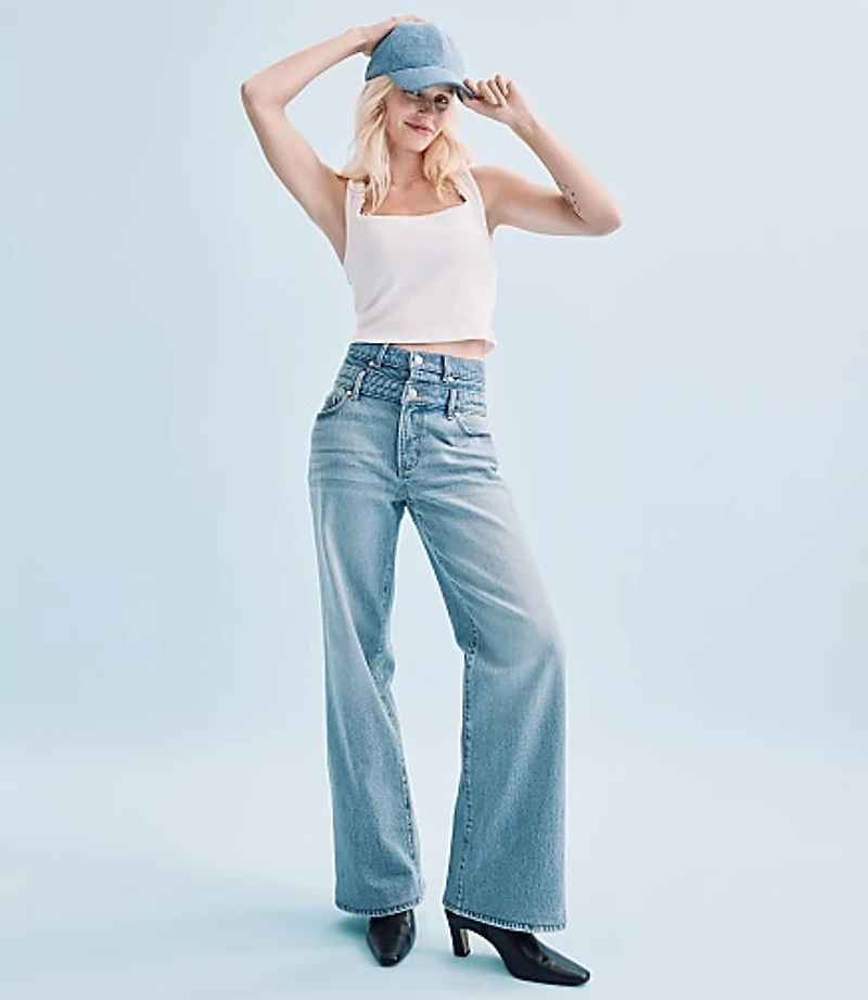Rivete Double Waisted High Rise Wide Leg Jeans Light Wash