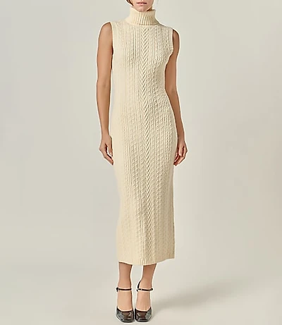 English Factory Cable Knit Mock Neck Midi Dress
