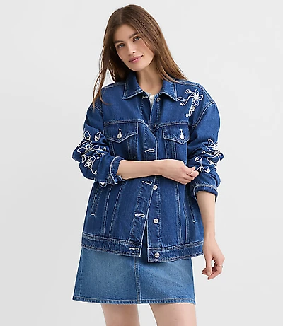 Floral Embroidered Oversized Denim Trucker Jacket Bright Indigo Wash