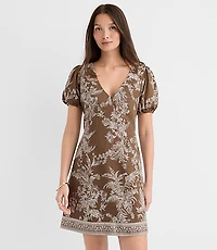 Floral Toile Linen Blend Puff Sleeve Mini Dress