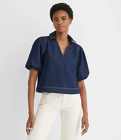 Petite Denim Puff Sleeve Top