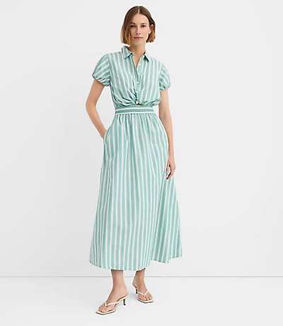 Striped Poplin Twist Midi Pocket Shirtdress