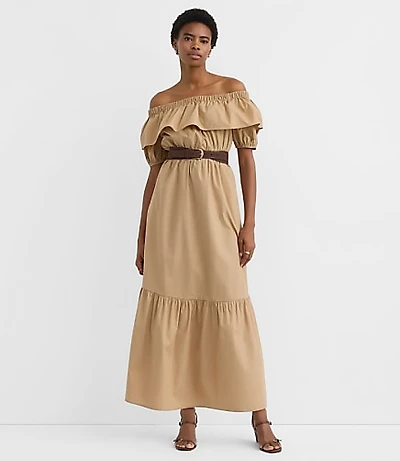 Petite Poplin Ruffle Off The Shoulder Maxi Pocket Dress