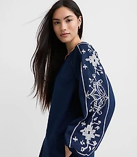 Petite Floral Embroidered Split Neck Mini Pocket Dress