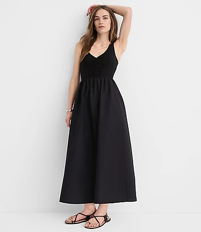 Ruched Mixed Media Midi Pocket Dress