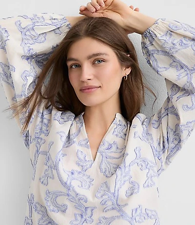 Petite Paisley Jacquard Split Neck Blouse