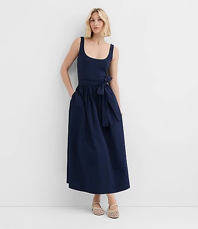 Petite Tie Waist Mixed Media Midi Pocket Dress