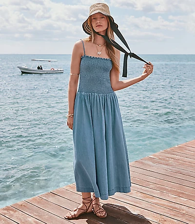 Chambray Smocked Strappy Midi Pocket Dress