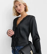 Petite Lace Trim Satin Bow Blouse