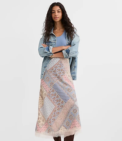 Patchwork Lace Trim Bias Midi Skirt