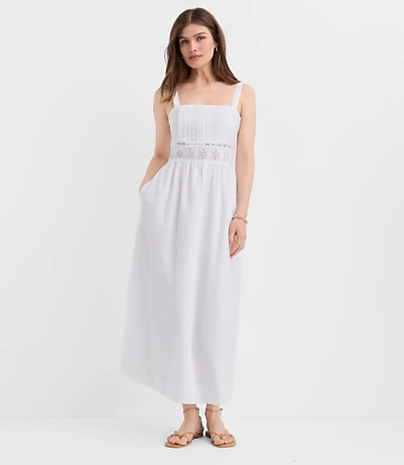 Lace Trim Pintucked Midi Pocket Dress