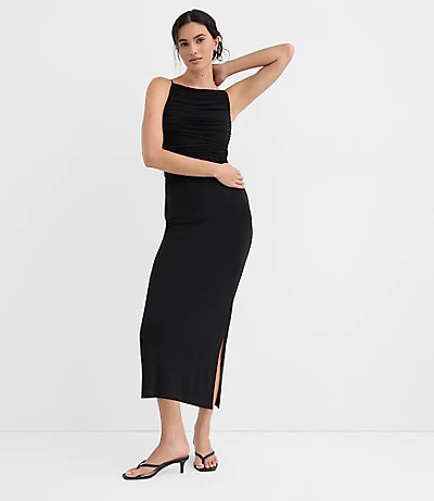 Petite Ruched Apron Neck Midi Dress