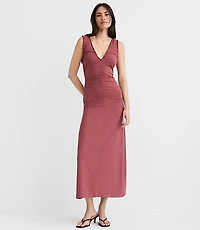 Petite Ruffle Double V Ruched Midi Dress