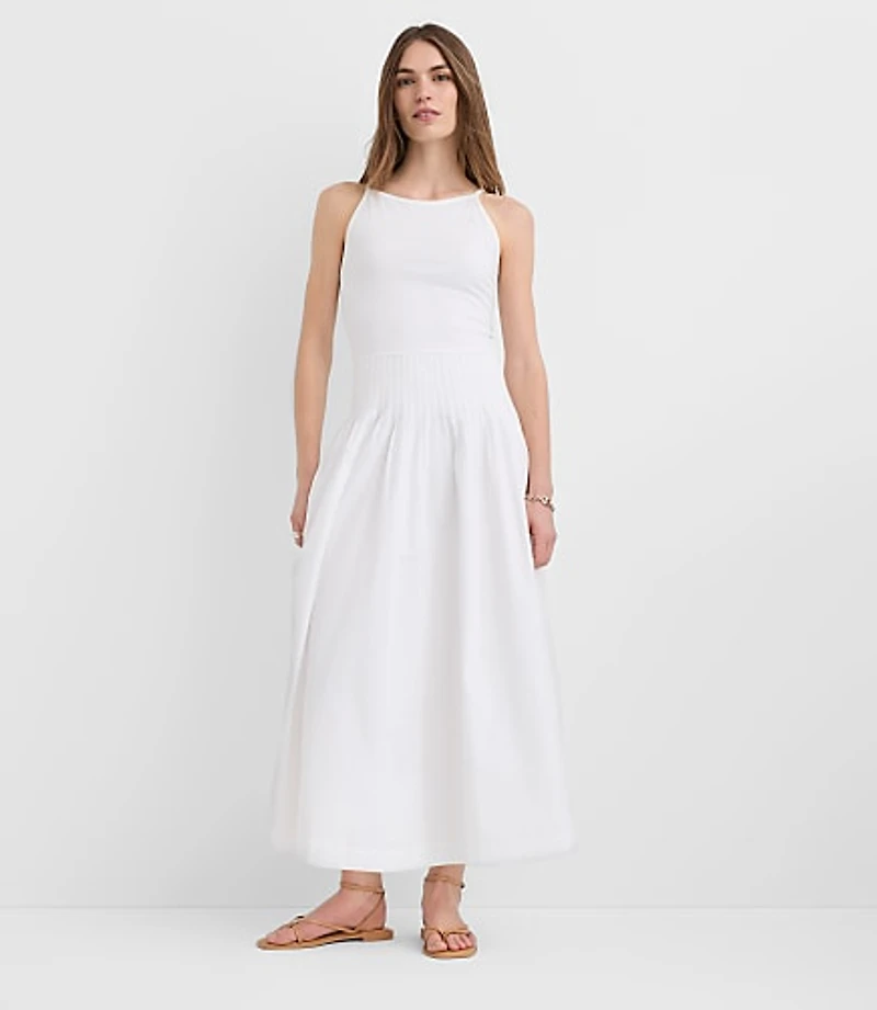 Petite Pleated Mixed Media Midi Halter Dress