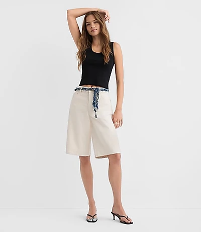 Rivete Petite High Rise Denim Bermuda Shorts Ivory