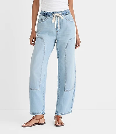 Rivete Petite Curvy Utility High Rise Pull On Jeans Light Wash Indigo