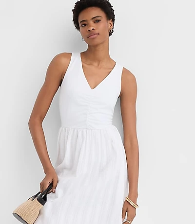 Petite Stripe Ruched Mixed Media Midi Pocket Dress