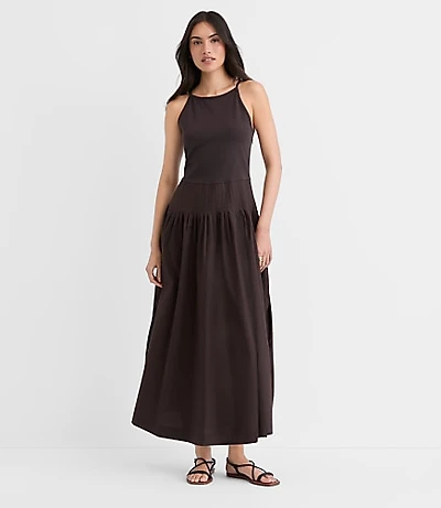 Petite Pleated Mixed Media Midi Halter Dress
