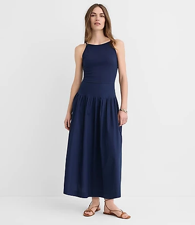 Petite Pleated Mixed Media Midi Halter Dress