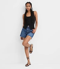 Rivete Petite Destructed High Rise Cut Off Denim Shorts in Dark Wash