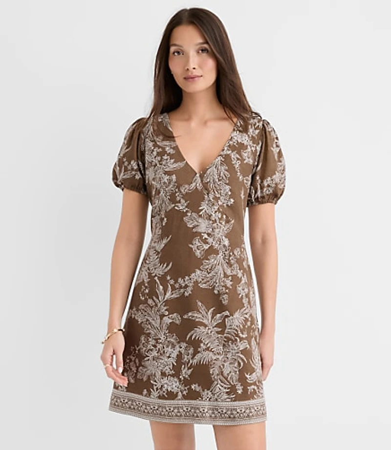 Petite Floral Toile Linen Blend Puff Sleeve Mini Dress
