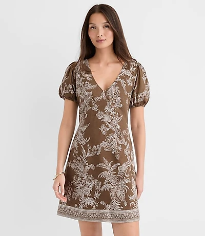 Petite Floral Toile Linen Blend Puff Sleeve Mini Dress