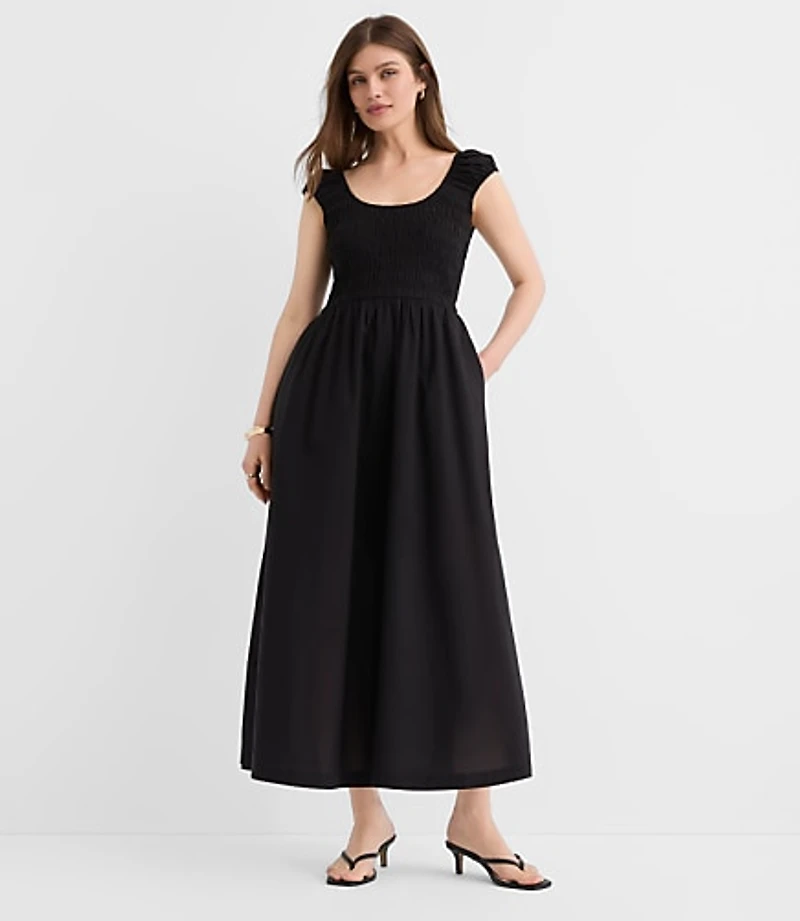 Petite Smocked Cap Sleeve Midi Pocket Dress