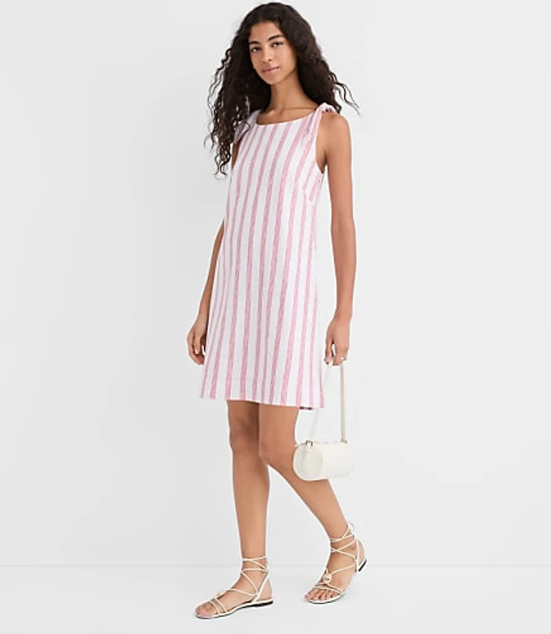 Petite Striped Linen Cotton Tie Boatneck Mini Dress