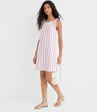 Petite Striped Linen Cotton Tie Boatneck Mini Dress