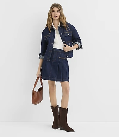 Faux Leather Buckle Pleated Denim Mini Skirt Classic Rinse Wash