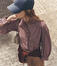 Plaid Ruffle Neck Blouse