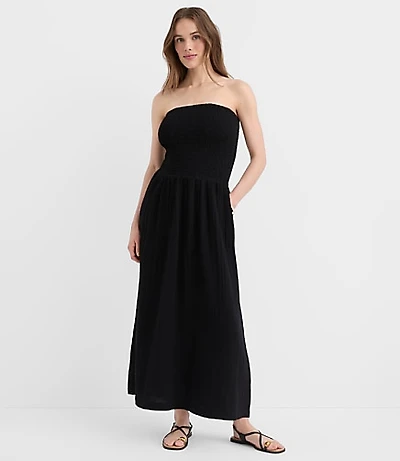 Petite LOFT Beach Strapless Mixed Media Maxi Pocket Dress