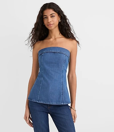 Petite Denim Foldover Strapless Top Classic Mid Wash
