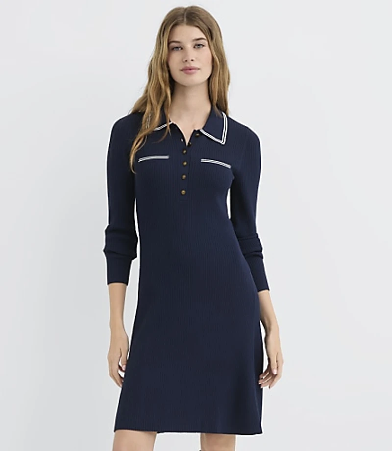Tipped Ribbed Henley Sweater Shirtdress