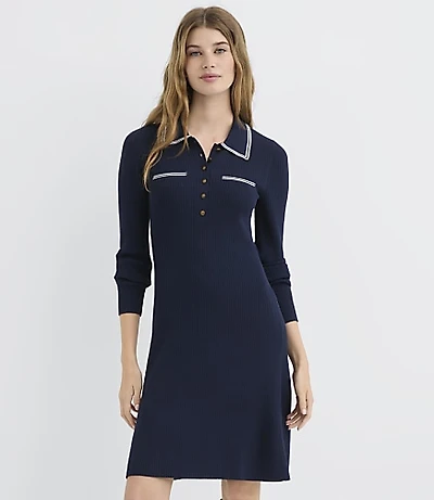 Tipped Ribbed Henley Sweater Shirtdress