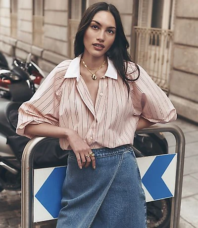 Striped Poplin Ruched Bubble Shirt