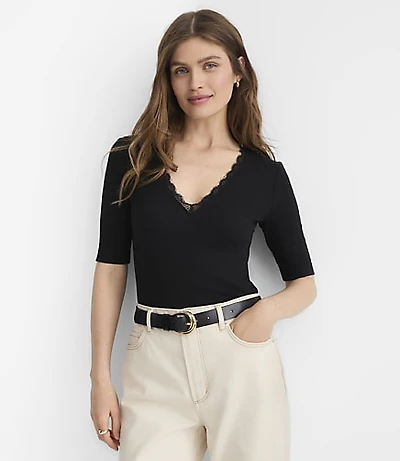Lace Trim V-Neck Perfect Ribbed Elbow Sleeve Tee