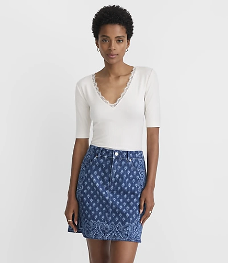 Lace Trim V-Neck Perfect Ribbed Elbow Sleeve Tee