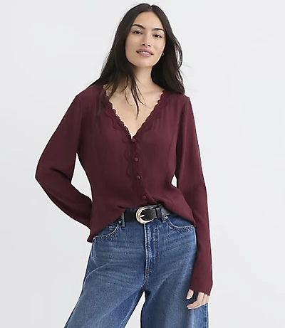 Lace Trim V-Neck Blouse